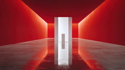 A striking minimalistic art installation in a red-lit space, showcasing a central pillar with sleek lines and a reflective floor