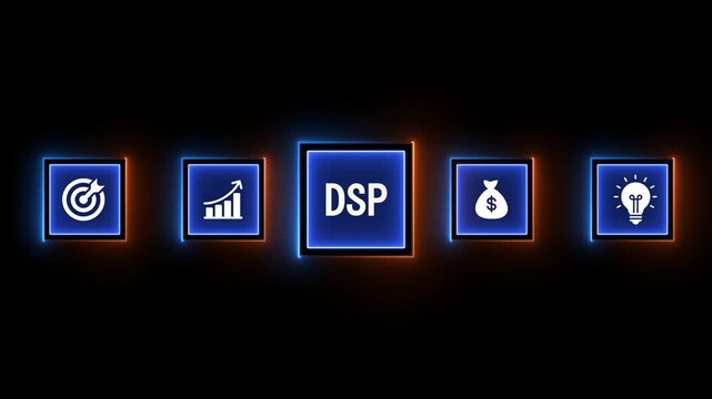 Digital Strategy Planning Icons with Glowing Neon Borders on Dark Background image photo