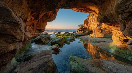 A breathtaking view of a sea cave, showcasing the beauty of nature. The cave has a picturesque opening that frames a view of the tranquil sea
