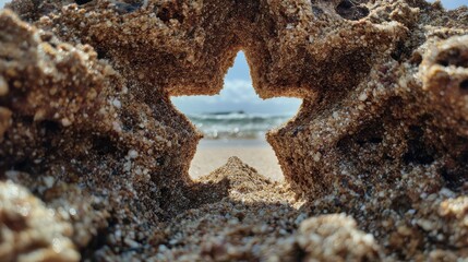 A star-shaped hole in the sand, framing a beautiful beach and ocean view