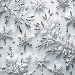 Elegant background showcasing crystalline snowflake patterns, metallic ornament texture, and light festive backdrop, ideal for seasonal branding and editorial winter visuals.