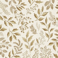 Decorative background with metallic botanical leaves, gold and silver foliage, and holiday-themed surface on a light neutral base for upscale seasonal branding and packaging