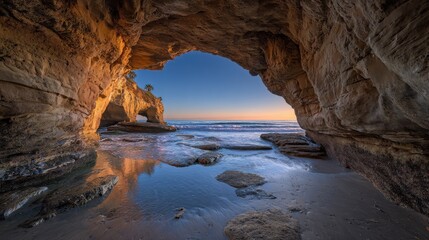A breathtaking view of a natural arch on a beach, revealing the vast ocean and a beautiful sky. The scene is illuminated by warm sunlight, casting shadows and creating a serene atmosphere