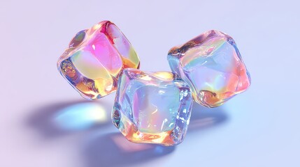 Three colorful ice cubes, with refractions on a subtle background, appear to be floating, capturing the essence of coldness and refreshment
