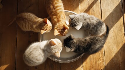 Five adorable kittens enjoying a meal together from a round dish on a wooden floor, basking in sunlight. The kittens are of different colors and have their heads down.