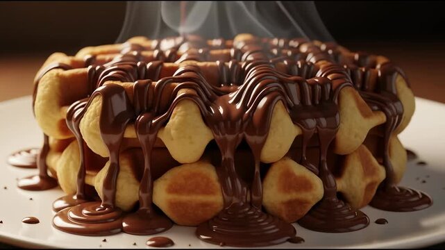 Close up of a stack of waffles with chocolate syrup drizzled over it