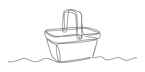 Single continuous line art drawing of a classic picnic basket with a curved handle on a plain background