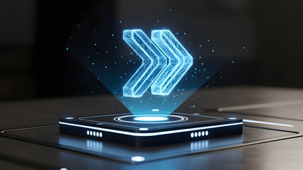 Cutting edge holographic display projects bright blue arrow symbol indicating direction or fast forward on sleek futuristic platform in dark environment