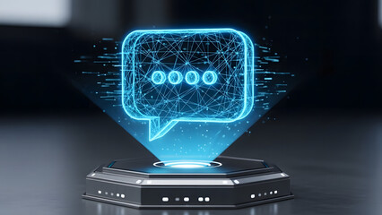 Futuristic digital communication concept with a glowing blue polygonal speech bubble hologram emerging from a dark metallic hexagonal platform set against a blurred dark background