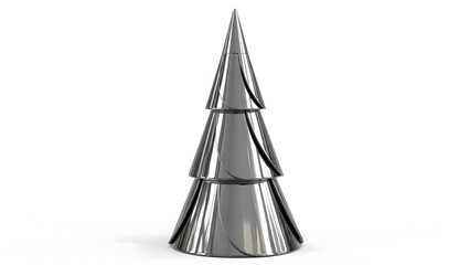 Sleek and minimalist chrome metallic Christmas tree composed of stacked conical sections on a clean white background with subtle shadow creating a modern festive display