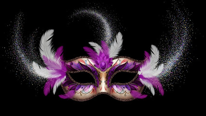 Lavish venetian masquerade mask adorned with purple and white feathers and sparkling glitter against a stark black background, symbolizing elegance and mystery for carnivals and festive events