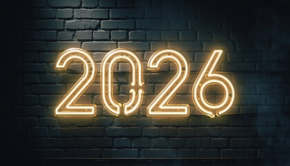 Glowing Neon Sign of the Year 2026 Illuminating a Brick Wall at Night