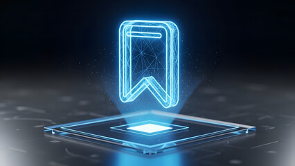 Holographic bookmark icon on sleek black digital platform background with glowing blue light symbolizing digital markers saving important online content and future tech