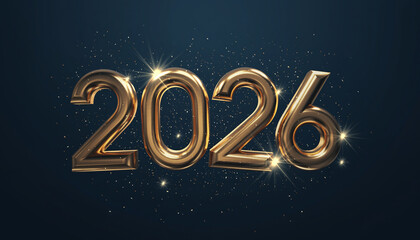 A golden 2026 sign with glittering particles and a dark blue background, representing the upcoming year