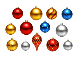Christmas ornaments collection features various festive baubles and decorative elements in vibrant red, gold, blue, and silver colors, perfect for holiday celebrations.