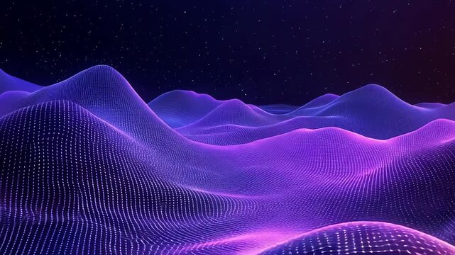 Digital wireframe landscape with evolving glowing waves and starry sky