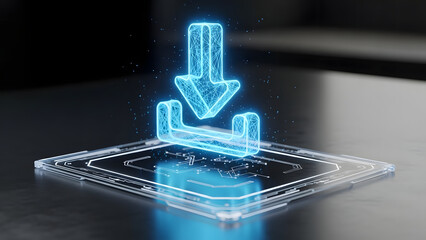 Digital download concept with glowing polygonal arrow icon hovering over sleek electronic pad representing data transfer and futuristic technology innovation