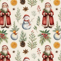 Decorative background with vintage Christmas elements, Santa Claus illustration, and holiday-themed surface on a light cream base for seasonal packaging and festive branding.