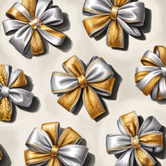Stylized holiday background showcasing ornamental ribbon bows, metallic color scheme, and festive surface design, suitable for packaging, textile mockups, and Christmas-themed visuals.