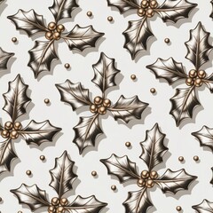 Stylized background with holly leaf and berry clusters, metallic rose gold texture, and holiday surface design, suitable for wrapping paper, textiles, and seasonal decor.