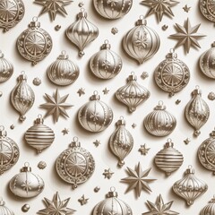 Decorative background with metallic gold ornaments, star-shaped embellishments, and holiday-themed surface on a light neutral base for festive packaging and seasonal branding.