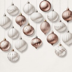 Stylized festive background showcasing suspended holiday ornaments, metallic rose gold finish, and Christmas decor accents, suitable for branding assets and winter celebration themes