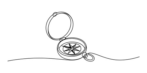 Continuous line art drawing of an open vintage compass showing a detailed compass rose