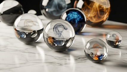 Clear Glass Spheres with Swirling Smoke and Reflections on White Marble