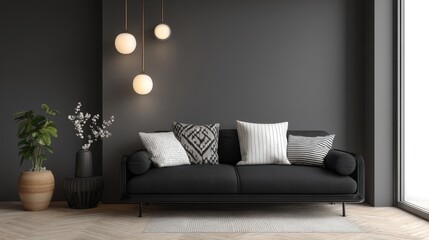 A living room features a black sofa with various cushions resting against a dark wall. Hanging lights provide soft illumination. Plants add life to the space.
