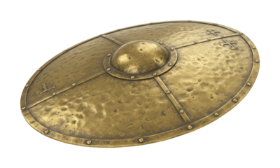 Ancient hammered bronze shield with a central boss and decorative rivets, showcasing a weathered metallic texture and historical craftsmanship.