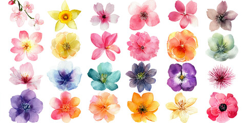 Collection of vibrant and delicate spring flowers in various colors and shapes isolated on white background