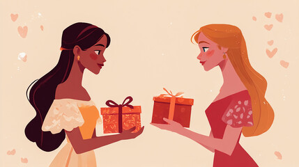 Two female friends, one Latina and the other white, celebrate Valentine's Day romantically, sharing gifts with each other.