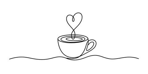A minimalist single continuous line drawing of a steaming coffee cup with a heart shape