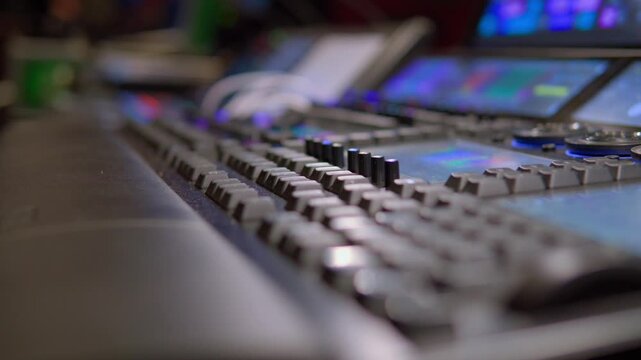 Professional production switcher in live television broadcasting studio
