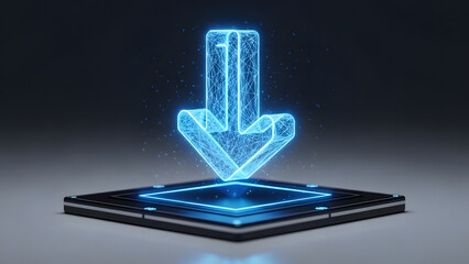 Data download processing on digital display with glowing arrow, futuristic concept of information transfer or cloud computing, modern technology with abstract connections, digital data flow