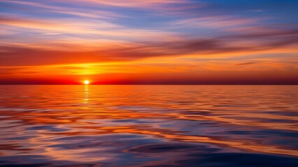 Fototapeta premium A breathtaking and colorful sunset over the ocean with vibrant orange and red hues reflecting on the water surface.