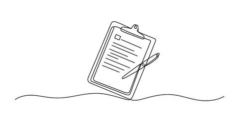 Continuous line drawing of a clipboard and pen symbolizing business and form filling
