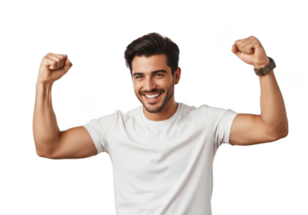 A handsome man with dark hair and beard, wearing a white tshirt, flexing his biceps and smiling, isolated on transparent background