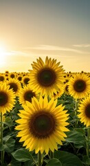 Obraz premium A vibrant field of bright yellow sunflowers turning their faces toward the intense, warm golden glow of the strong afternoon sunlight, blooming, golden, petal