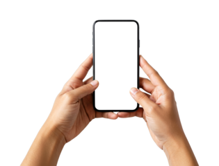 Person's hands holding modern smartphone with blank white screen, providing an ideal template for showcasing custom content, applications, or digital designs.