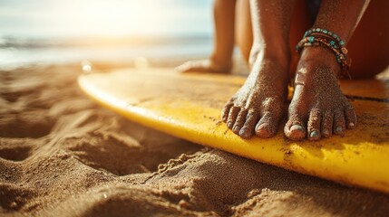 Sandy feet on yellow surfboard by ocean, relaxing on a sunny beach