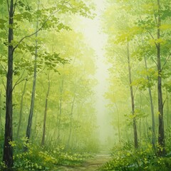 Obraz premium Ethereal springtime forest painted in loose, expressive watercolors. Light green foliage and budding trees capture the rejuvenating season, outdoors, serene, growth