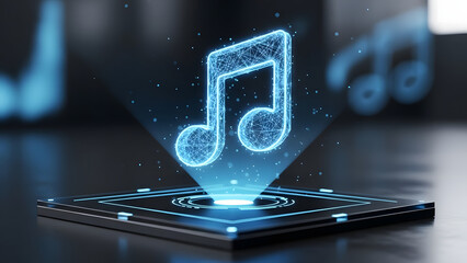 Holographic musical note projection on dark background music sound audio technology digital concept art with glowing particle network and futuristic design element