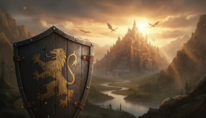 A fantasy mountain landscape with a glowing sunset sky features a majestic castle guarded by distant dragons and a foreground shield bearing a golden lion emblem