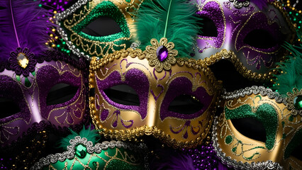 A vibrant assortment of luxurious masquerade masks in shades