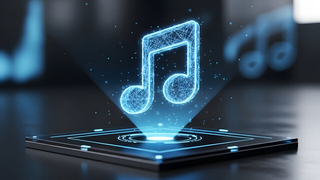 Holographic musical note projection on dark background music sound audio technology digital concept art with glowing particle network and futuristic design element - Powered by Adobe