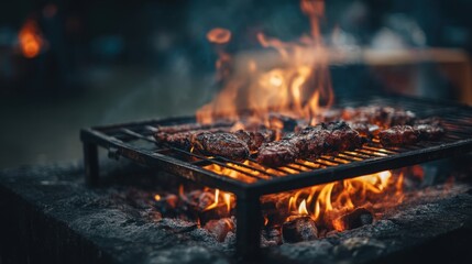 A grill with meat sizzling over open flames is placed outdoors. Friends gather around enjoying the warm evening and cooking together. The fire lights up the scene.