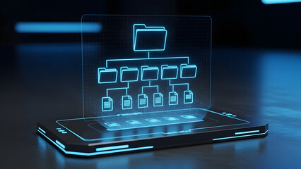 Futuristic mobile device displaying holographic file and folder structure on dark background modern technology illustration for data organization and digital management