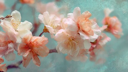 Soft pink spring blossoms on branch with textured blue-green surface