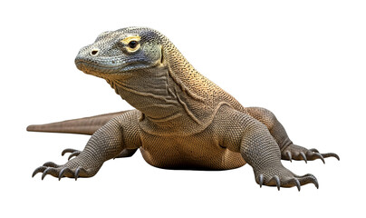 Obraz premium Large Komodo dragon lizard reptile predator stands alert, showcasing its powerful claws and intricate textured scales against a dark setting.